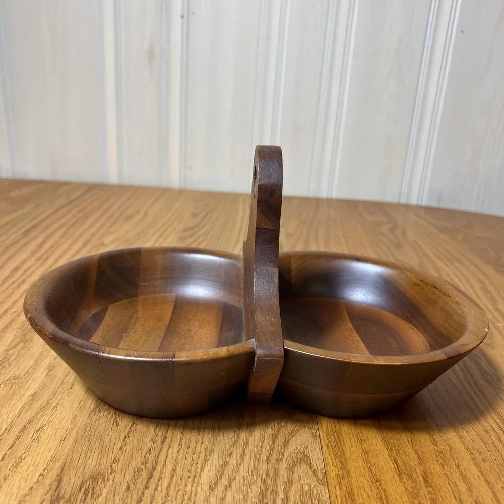 Vintage Black Walnut Handled Double Bowl Walnutware Ozark Native Wood Product
